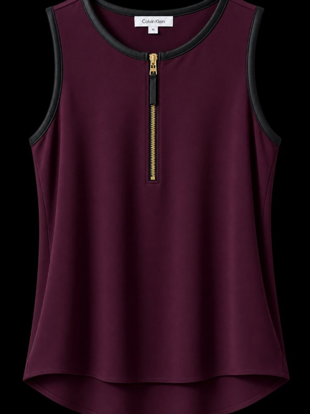 Calvin Klein Women’s Medium Burgundy Sleeveless Zip Front Blouse Faux Leather Tr